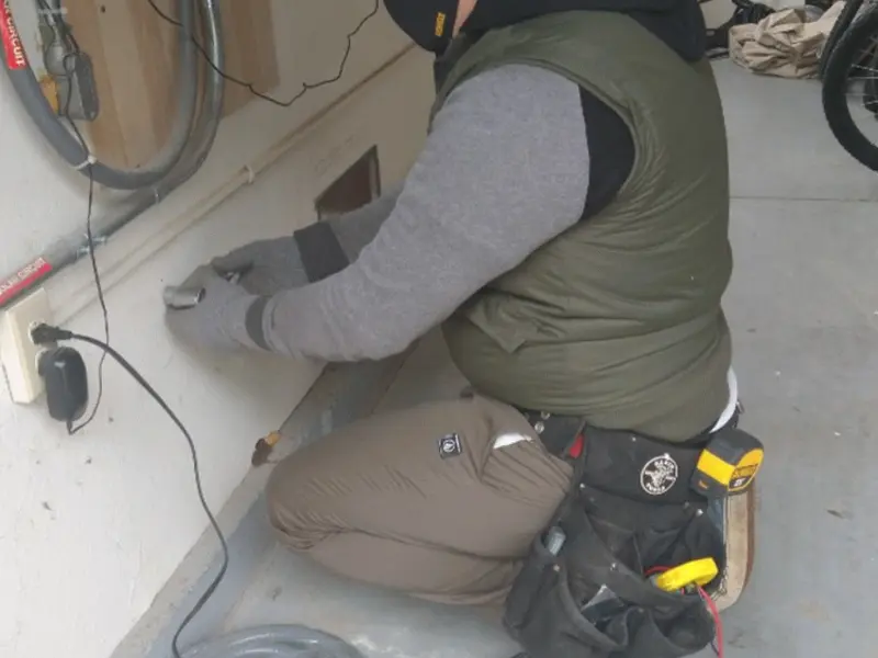 Electrician performing outlet wiring in a Charlestown garage